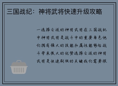 三国战纪：神将武将快速升级攻略