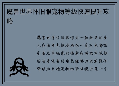 魔兽世界怀旧服宠物等级快速提升攻略